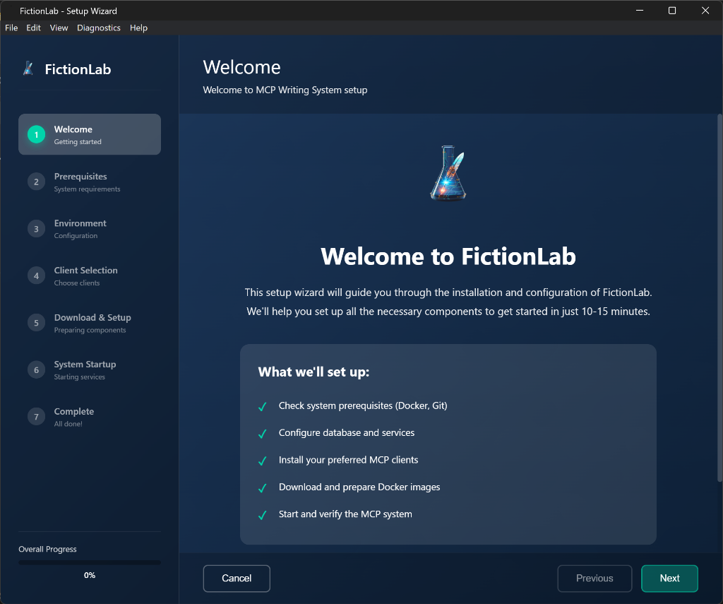 FictionLab Welcome Screen